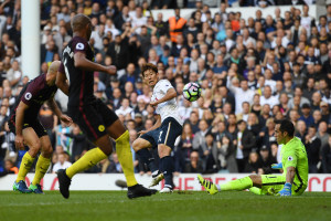 LONDON, ENGLAND - OCTOBER 02:  Heung-Min Son of Tottenham Hotspur takes a shoot during the Premier League match between Tottenham Hotspur and Manchester City at White Hart Lane on October 2, 2016 in London, England.  (Photo by Shaun Botterill/Getty Images)