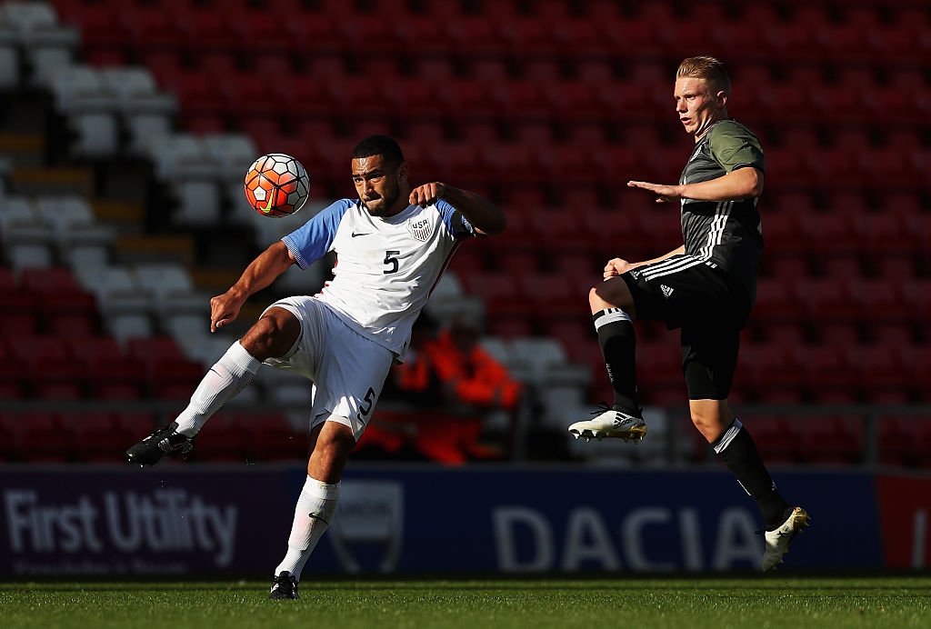 LEIGH, GREATER MANCHESTER - OCTOBER 05: Cameron Carter-Vickers of USA passes during the Under 20s Four Nations Tournament match between Germany and the United States at Leigh Sports Village Stadium on October 5, 2016 in Leigh, Greater Manchester.  (Photo by Mark Robinson/Getty Images)