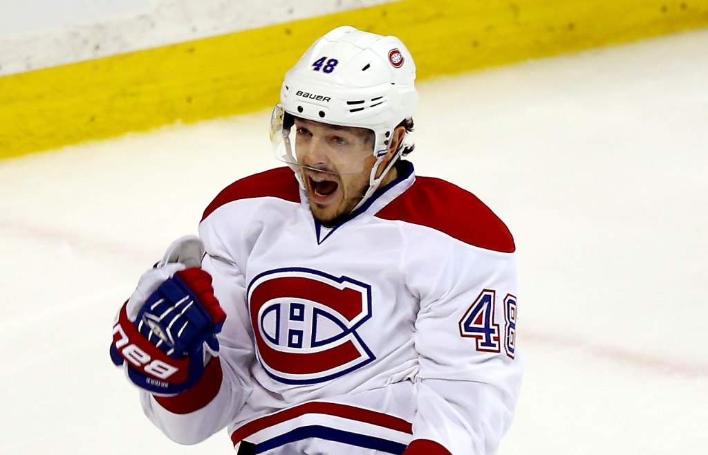 BOSTON, MA - MAY 14: Daniel Briere #48 of the Montreal Canadiens celebrates a third period goal against the Boston Bruins during Game Seven of the Second Round of the 2014 NHL Stanley Cup Playoffs at the TD Garden on May 14, 2014 in Boston, Massachusetts. The Montreal Canadiens defeated the Boston Bruins 3-1. (Photo by Alex Trautwig/Getty Images)