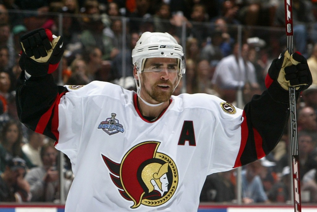 ANAHEIM, CA - MAY 28: Wade Redden #6 of the Ottawa Senators celebrates after scoring a second period power play goal against the Anaheim Ducks during Game One of the 2007 Stanley Cup finals on May 28, 2007 at Honda Center in Anaheim, California. (Photo by Dave Sandford/Getty Images)