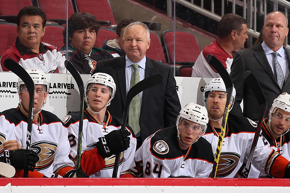 GLENDALE, AZ - OCTOBER 01:  Head coach Randy Carlyle of the Anaheim Ducks watches from the bench during the preseason NHL game against Arizona Coyotes at Gila River Arena on October 1, 2016 in Glendale, Arizona. The Coyotes defeated the Ducks 3-2 in overtime.  (Photo by Christian Petersen/Getty Images)