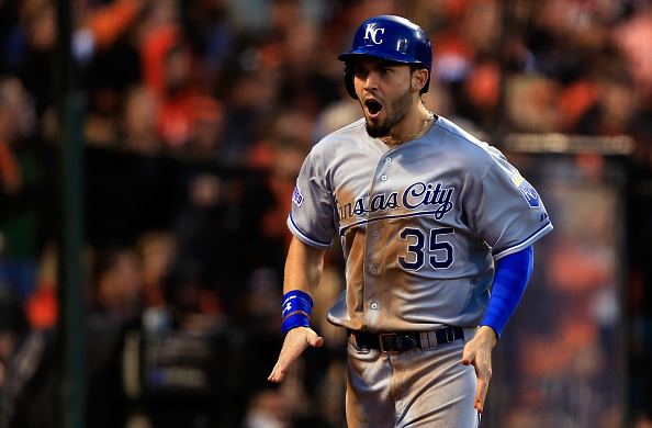 SAN FRANCISCO, CA - OCTOBER 25:  Eric Hosmer #35 of the Kansas City Royals reacts after scoring on a Omar Infante #14 two-run single in the third inning against the San Francisco Giants during Game Four of the 2014 World Series at AT&T Park on October 25, 2014 in San Francisco, California.  (Photo by Jamie Squire/Getty Images)
