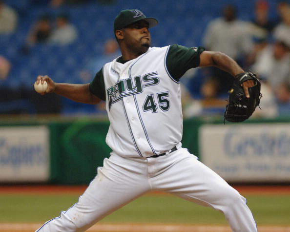 Tampa Bay Devil Rays  Dewon Brazelton pitches  against the Oakland Athletics April 10, 2005 at Tropicana Field. (Photo by A. Messerschmidt/Getty Images) *** Local Caption ***
