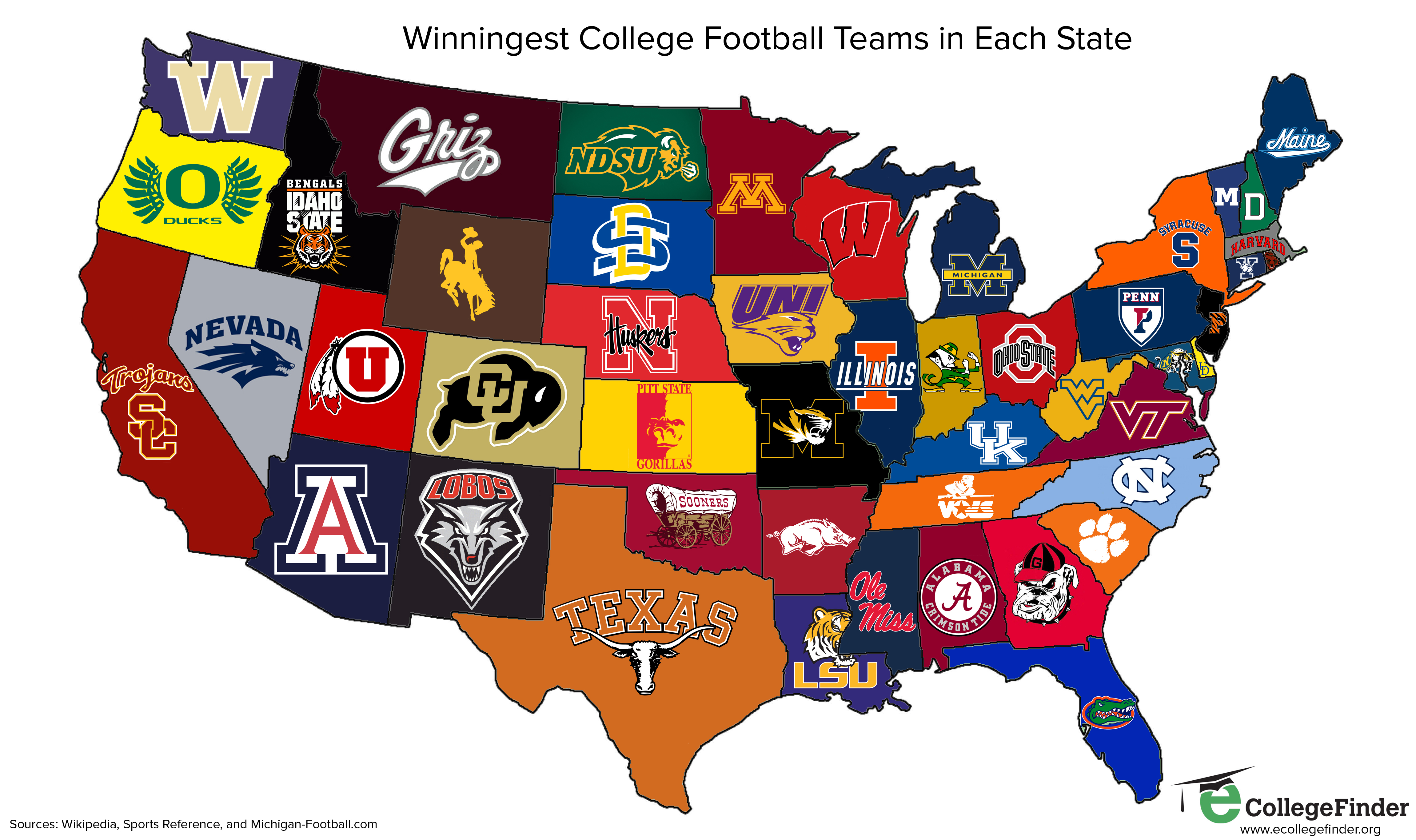 Winningest college football teams in each state The Student Section