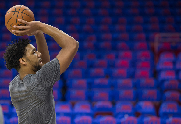 PHILADELPHIA, PA - OCTOBER 30: Jahlil Okafor #8 of the Philadelphia 76ers warms up prior to the game against the Utah Jazz on October 30, 2015 at the Wells Fargo Center in Philadelphia, Pennsylvania. NOTE TO USER: User expressly acknowledges and agrees that, by downloading and or using this photograph, User is consenting to the terms and conditions of the Getty Images License Agreement. (Photo by Mitchell Leff/Getty Images)