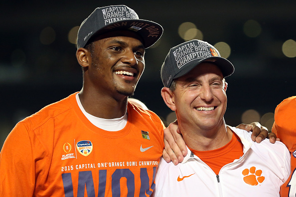 MIAMI GARDENS, FL - DECEMBER 31:  Deshaun Watson #4 of the Clemson Tigers and head coach Dabo Swinney celebrate defeating the Oklahoma Sooners with a score of 37 to 17 to win the 2015 Capital One Orange Bowl at Sun Life Stadium on December 31, 2015 in Miami Gardens, Florida.  (Photo by Streeter Lecka/Getty Images)