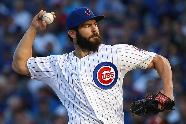 CHICAGO, IL - OCTOBER 12: Jake Arrieta #49 of the Chicago Cubs throws a pitch in the second inning against the St. Louis Cardinals during game three of the National League Division Series at Wrigley Field on October 12, 2015 in Chicago, Illinois. (Photo by Jonathan Daniel/Getty Images)