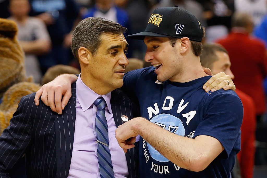 LOUISVILLE, KY - MARCH 26:  Head coach Jay Wright of the Villanova Wildcats (L) and Ryan Arcidiacono #15 react after defeating the Kansas Jayhawks 64-59 during the 2016 NCAA Men's Basketball Tournament South Regional at KFC YUM! Center on March 26, 2016 in Louisville, Kentucky.  (Photo by Kevin C. Cox/Getty Images)