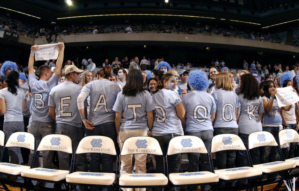 CHAPEL HILL, NC - FEBRUARY 7:  North Carolina Tar Heels fans react as the Duke University Blue Devils warm up before their game February 7, 2006, at the Dean Smith Center in Chapel Hill, North Carolina. Duke won 87-83.  (Photo By Grant Halverson/Getty Images)