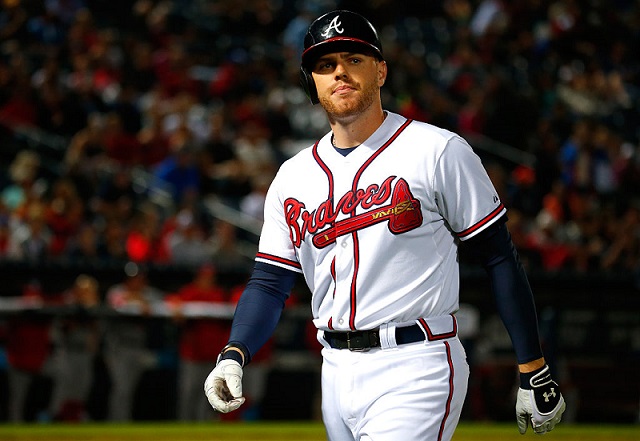 ATLANTA, GA - OCTOBER 01: Freddie Freeman #5 of the Atlanta Braves reacts after flying out in the seventh inning against the Washington Nationals at Turner Field on October 1, 2015 in Atlanta, Georgia. (Photo by Kevin C. Cox/Getty Images)