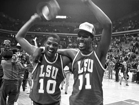 Derrick Taylor (left) and Anthony Wilson (right) after LSU won the 1986 Southeast Regional in Atlanta's Omni.