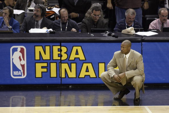 SAN ANTONIO - JUNE 15:  Head coach Byron Scott of the New Jersey Nets looks on dejected during Game six of the 2003 NBA Finals against the San Antonio Spurs at the SBC Center on June 15, 2003 in San Antonio, Texas.  The Spurs won 88-77.  NOTE TO USER:  User expressly acknowledges and agrees that, by downloading and/or using this Photograph, User is consenting to the terms and conditions of the Getty Images License Agreement.  (Photo by Ronald Martinez/Getty Images)