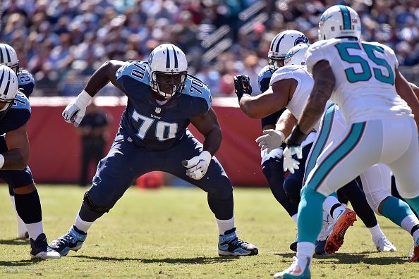 NASHVILLE, TN - OCTOBER 18:  Chance Warmack #70 of the Tennessee Titans plays against the Miami Dolphins during a game at Nissan Stadium on October 18, 2015 in Nashville, Tennessee.  (Photo by Frederick Breedon/Getty Images)