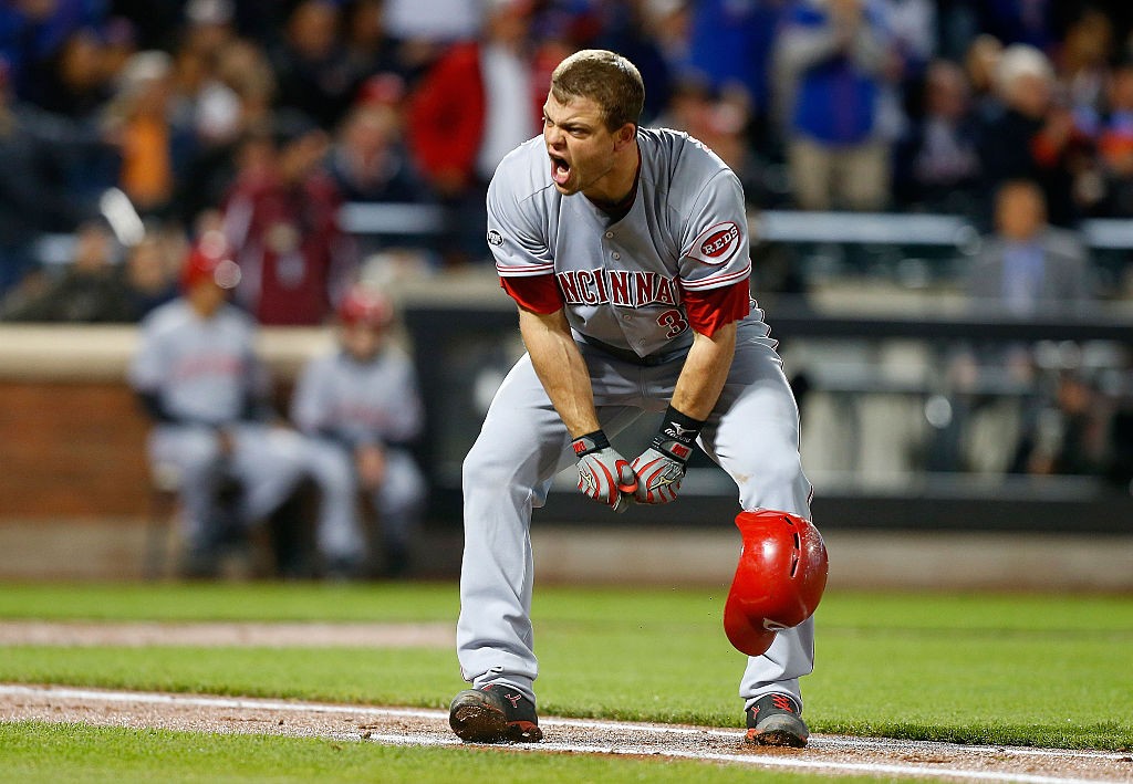 NEW YORK, NY - APRIL 27: Devin Mesoraco #39 of the Cincinnati Reds reacts after lining out to end the third inning with the bases loaded against the New York Mets at Citi Field on April 27, 2016 in the Flushing neighborhood of the Queens borough of New York City. (Photo by Jim McIsaac/Getty Images)