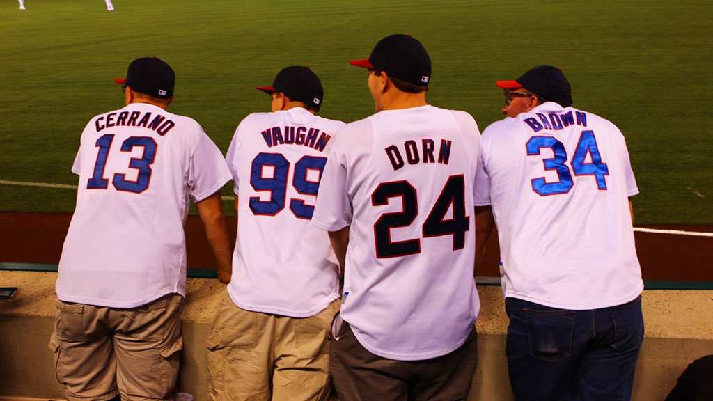 Four Indians fans wear awesome 'Major League jerseys