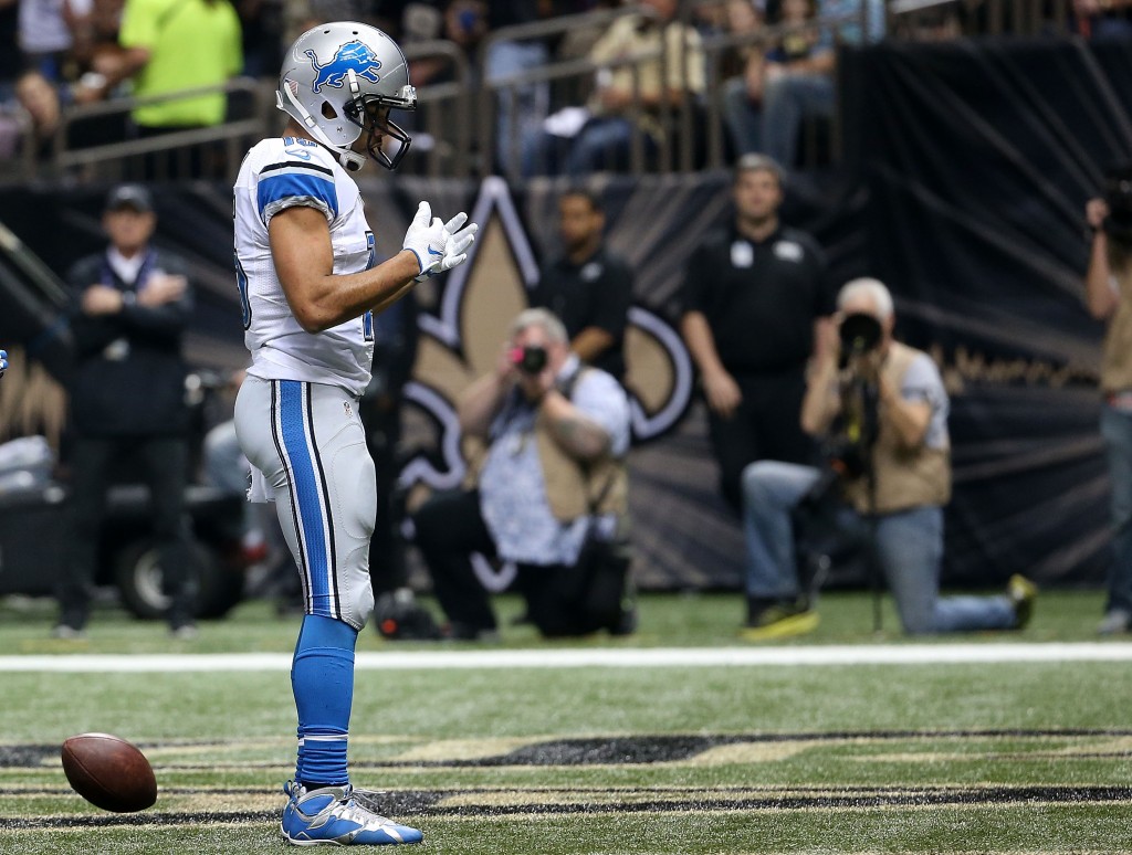 NEW ORLEANS, LA - DECEMBER 21:  Golden Tate #15 of the Detroit Lions celebrates a touchdown during the first half of a game against the New Orleans Saints at the Mercedes-Benz Superdome on December 21, 2015 in New Orleans, Louisiana.  (Photo by Chris Graythen/Getty Images)