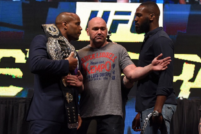 LAS VEGAS, NV - MARCH 04:  (L-R) Opponents Daniel Cormier and Jon Jones face off during the UFC Unstoppable launch press conference at the MGM Grand Garden Arena on March 4, 2016 in Las Vegas, Nevada. (Photo by Josh Hedges/Zuffa LLC/Zuffa LLC via Getty Images)