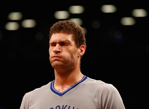 NEW YORK, NY - MARCH 22:  Brook Lopez #11 of the Brooklyn Nets reacts after shooting an airball in the final seconds against a 105-100 loss to the Charlotte Hornets during their game at the Barclays Center on March 22, 2016 in New York City.  (Photo by Al Bello/Getty Images)