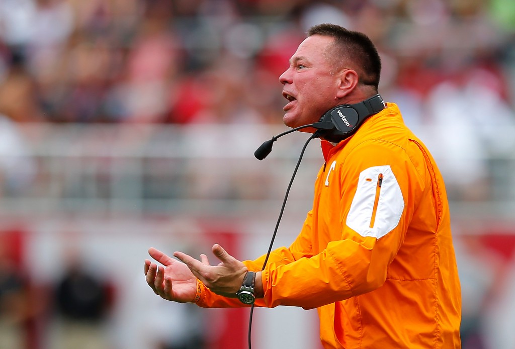 TUSCALOOSA, AL - OCTOBER 24:  Head coach Butch Jones of the Tennessee Volunteers reacts to a call during the game against the Alabama Crimson Tide at Bryant-Denny Stadium on October 24, 2015 in Tuscaloosa, Alabama.  (Photo by Kevin C. Cox/Getty Images)