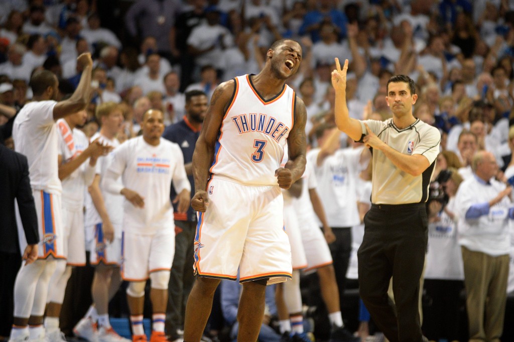 May 8, 2016; Oklahoma City, OK, USA; Oklahoma City Thunder guard Dion Waiters (3) reacts after a play against the San Antonio Spurs during the fourth quarter in game four of the second round of the NBA Playoffs at Chesapeake Energy Arena. Mandatory Credit: Mark D. Smith-USA TODAY Sports