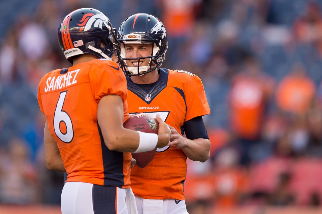 DENVER, CO - AUGUST 20:  Quarterbacks Mark Sanchez #6 and Trevor Siemian #13 talk on the field during player warm ups before a preseason NFL game against the San Francisco 49ers at Sports Authority Field at Mile High on August 20, 2016 in Denver, Colorado. (Photo by Dustin Bradford/Getty Images)