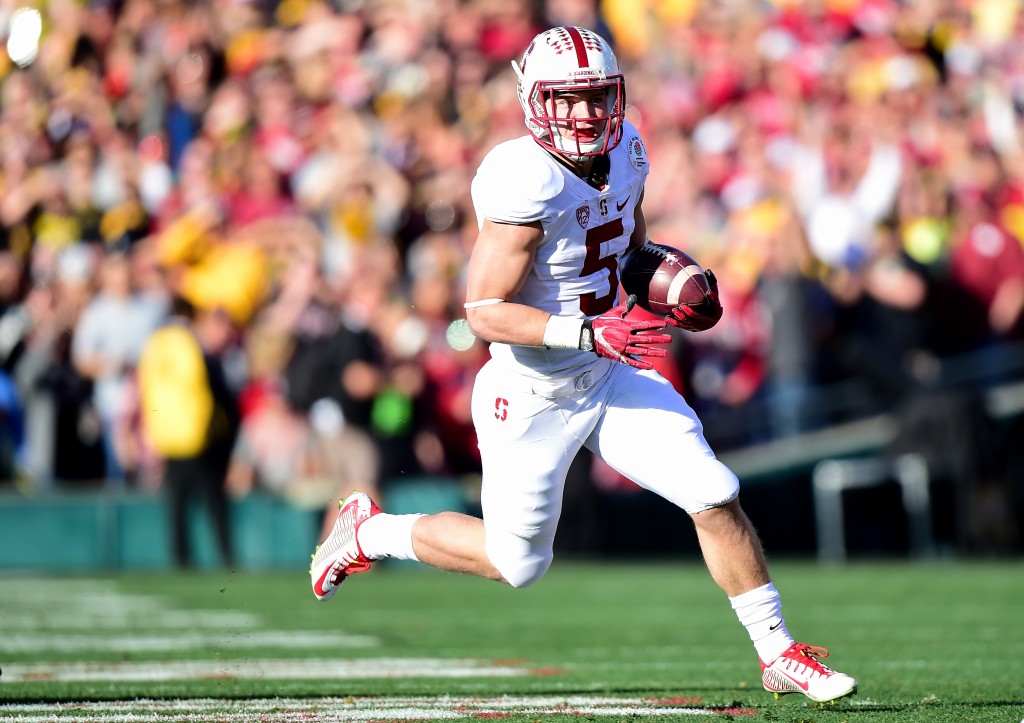 PASADENA, CA - JANUARY 01:  Christian McCaffrey #5 of the Stanford Cardinal runs the ball in the 102nd Rose Bowl Game against the Iowa Hawkeyes on January 1, 2016 at the Rose Bowl in Pasadena, California.  (Photo by Harry How/Getty Images)