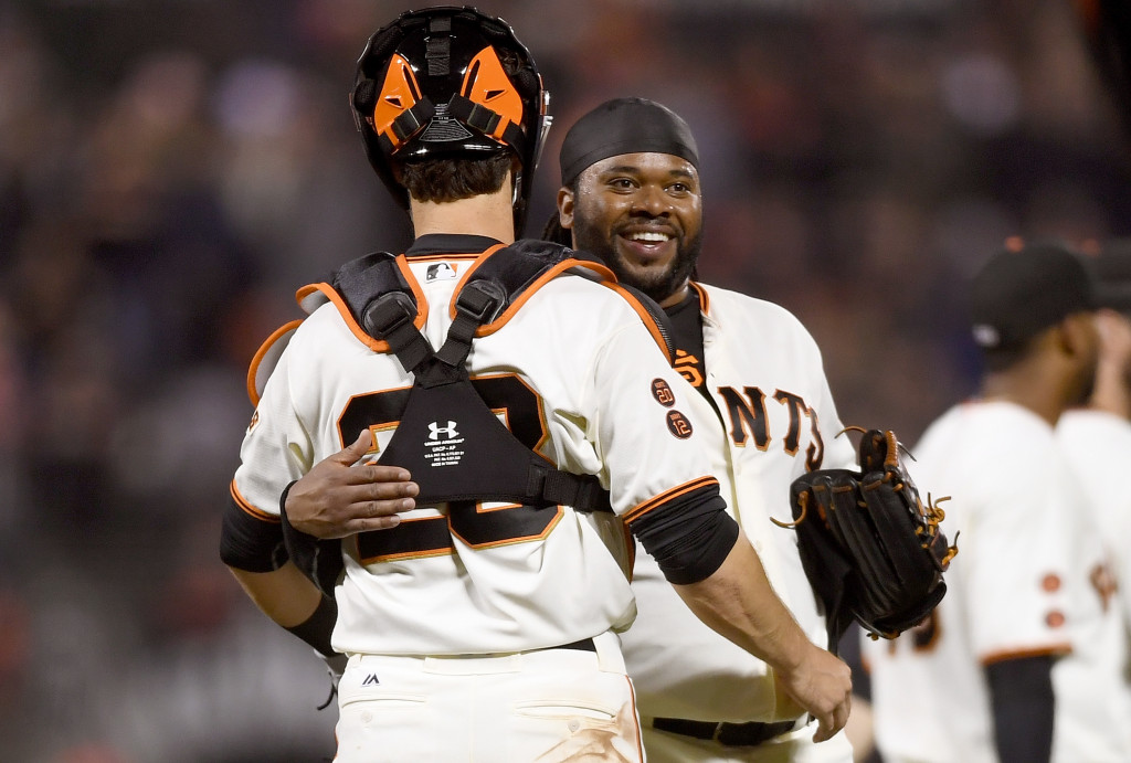 SAN FRANCISCO, CA - SEPTEMBER 15:  Johnny Cueto #47 and Buster Posey #28 of the San Francisco Giants celebrates defeating the St. Louis Cardinals 6-2 at AT&T Park on September 15, 2016 in San Francisco, California.  (Photo by Thearon W. Henderson/Getty Images)