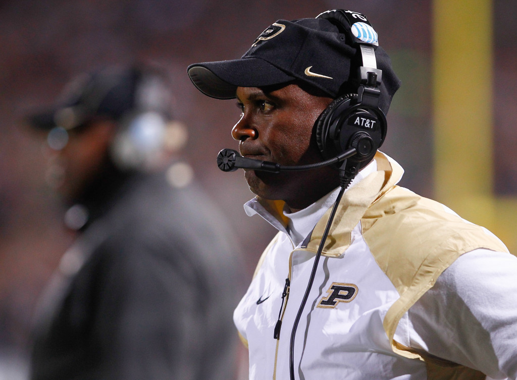 WEST LAFAYETTE, IN - SEPTEMBER 14: Head coach Darrell Hazell of the Purdue Boilermakers watches the closing minutes of the game against the Notre Dame Fighting Irish at Ross-Ade Stadium on September 14, 2013 in West Lafayette, Indiana. Notre Dame defeated Purdue 31-24. (Photo by Michael Hickey/Getty Images)