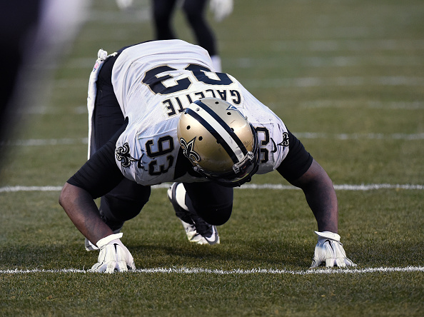 PITTSBURGH, PA - NOVEMBER 30: Linebacker Junior Galette #93 of the New Orleans Saints positions himself at the line of scrimmage during a game against the Pittsburgh Steelers at Heinz Field on November 30, 2014 in Pittsburgh, Pennsylvania. The Saints defeated the Steelers 35-32. (Photo by George Gojkovich/Getty Images)