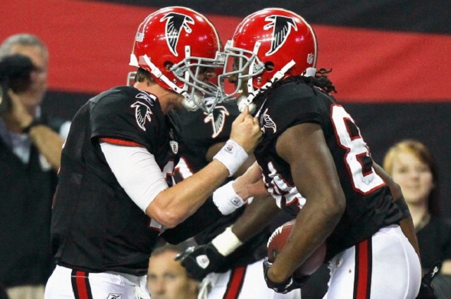 ATLANTA - NOVEMBER 11:  Quarterback Matt Ryan #2 and Roddy White #84 of the Atlanta Falcons react after White's touchdown reception in the final seconds against the Baltimore Ravens at Georgia Dome on November 11, 2010 in Atlanta, Georgia.  (Photo by Kevin C. Cox/Getty Images)