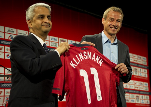 German soccer star Jürgen Klinsmann (R) is introduced by US Soccer President Sunil Gulati as the new head coach of the US Men's National Team at a press conference August 1, 2011 in New York.  (Photo: DON EMMERT/AFP/Getty Images)