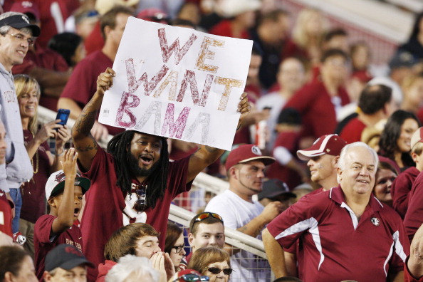 TALLAHASSEE, FL - NOVEMBER 16: Florida State Seminoles fans hold up a sign calling for a matchup with Alabama late in the game against the Syracuse Orange at Doak Campbell Stadium on November 16, 2013 in Tallahassee, Florida. Florida State won 59-3. (Photo by Joe Robbins/Getty Images)