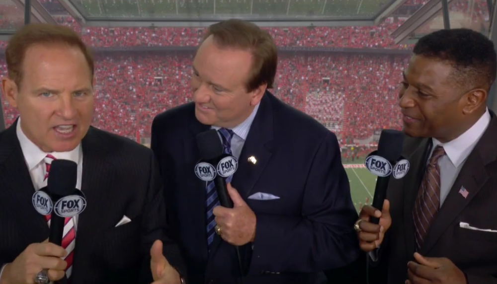 Les Miles rooted for Nebraska pretty openly in the FS1 booth with Tim Brando (C) and Spencer Tillman (R) Saturday.