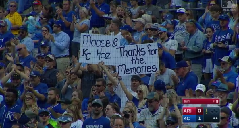 Eric Hosmer and Mike Moustakas were honored with signs like this one and prominent ovations. Hosmer then hit a home run.