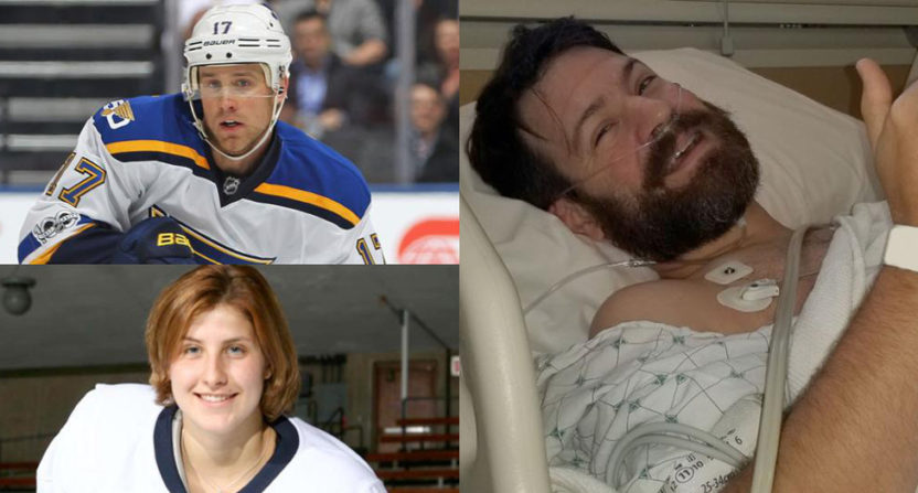 In 2013, the Blues held a bone marrow registration night in honor of forward Jaden Schwartz (top left)'s sister Mandi (bottom left). Michael Hellrich signed up, and four years later, was matched with a recipient who needed his marrow.