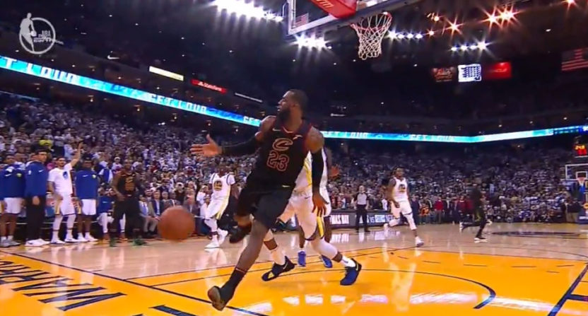 LeBron James lobbies for a foul against the Warriors.