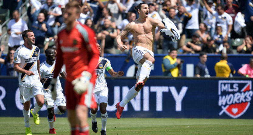 Zlatan Ibrahimovic celebrates his first MLS goal, which came against LAFC.