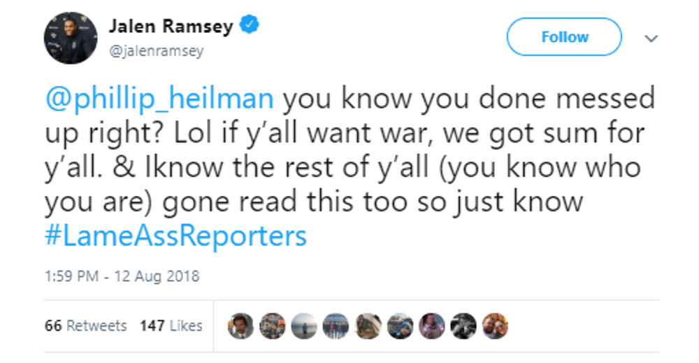 Jalen Ramsey's tweet at local reporter Phillip Heilman.