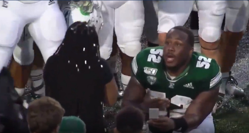 Eastern Michigan DL Desmond Kelly proposed to his girlfriend after the Eagles' win against Central Connecticut.