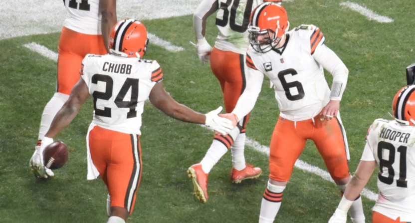 Baker Mayfield and Nick Chubb during the Browns' win Sunday.