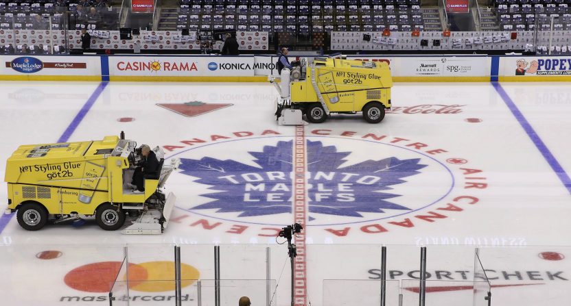 A general view of the logo at center ice as the zambonis clear the ice before the Toronto Maple Leafs home opener against the New York Rangers at Air Canada Centre