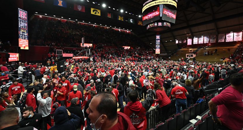 A Rutgers court-storming after a win over No. 1 Purdue.