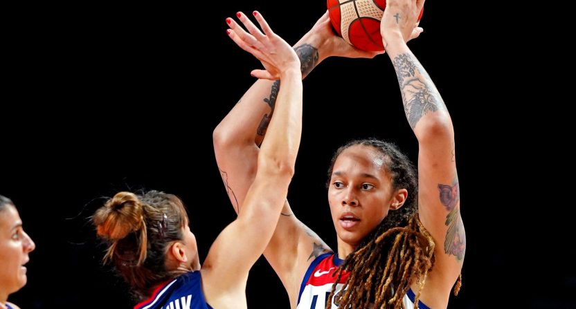 Brittney Griner in an Aug. 6, 2021 Olympic basketball game.