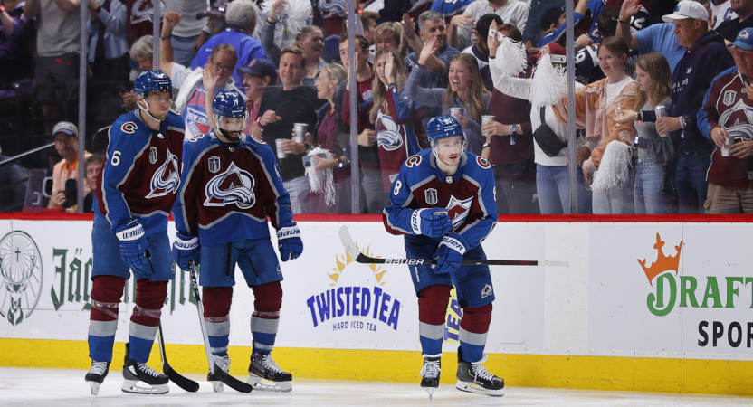 Cale Makar (R) and the Avalanche celebrate a goal in Game 2 of the Stanley Cup Final.