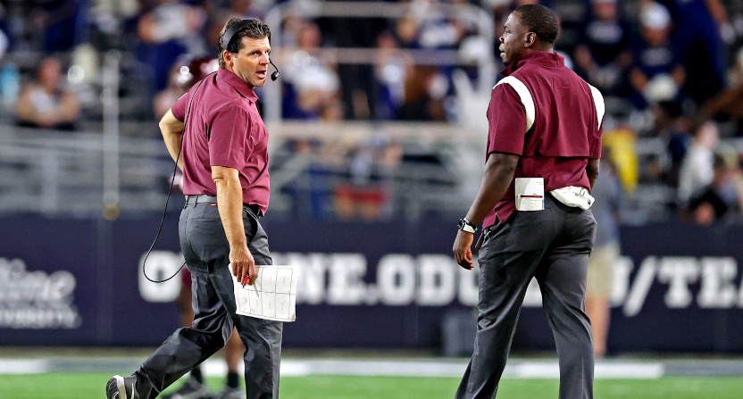 Virginia Tech Hokies HC Brent Pry (L) during the third quarter of a game against Old Dominion in Sept. 2022.