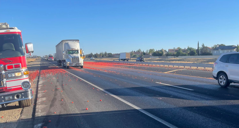 A tomato spill in Elk Grove, CA. (Photo from the Consumnes Fire Department on Twitter.)
