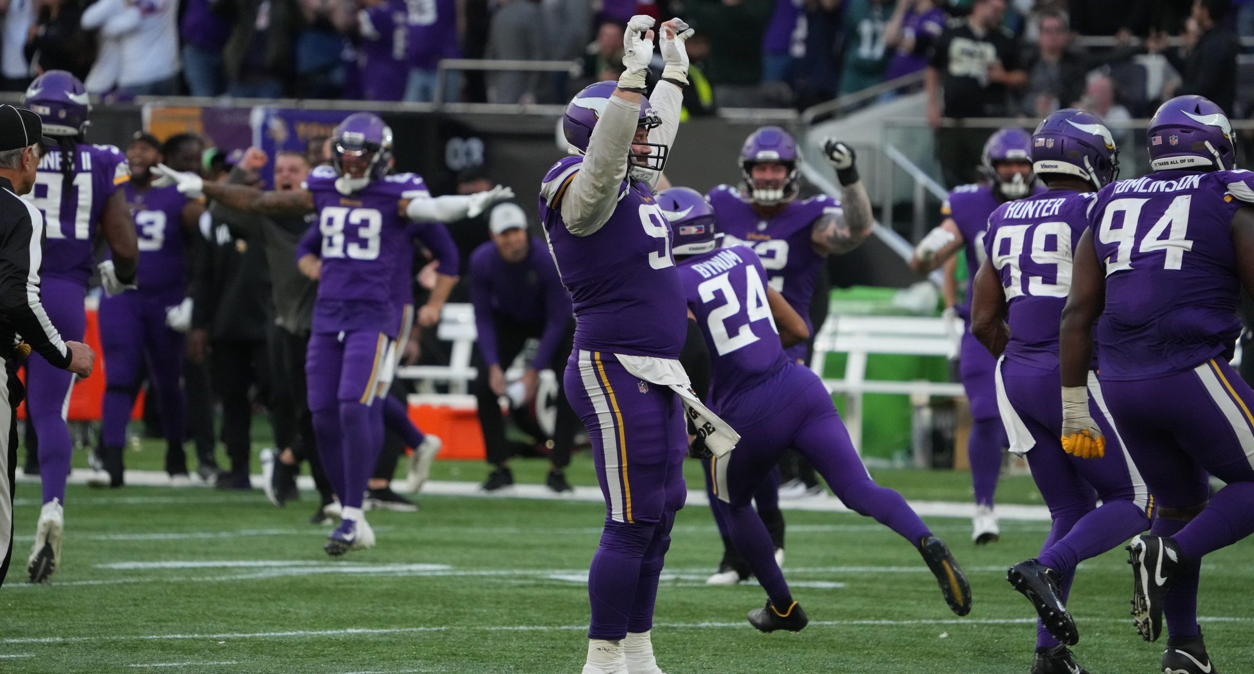 Minnesota Vikings player celebrate win over New Orleans Saints in London