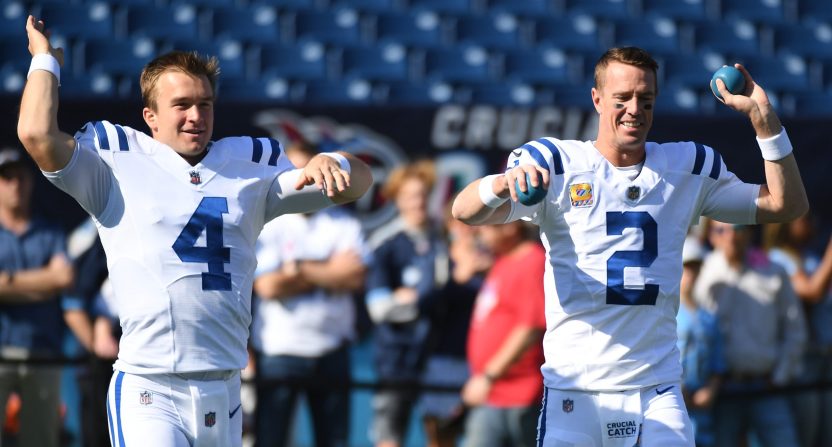 Indianapolis Colts quarterback Sam Ehlinger (4) and quarterback Matt Ryan (2)
