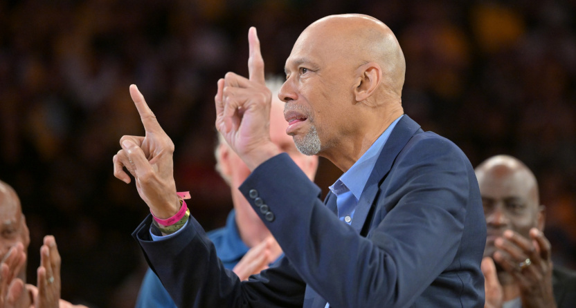 Kareem Abdul-Jabbar honored for his 75th birthday at a Lakers' game in April 2022.