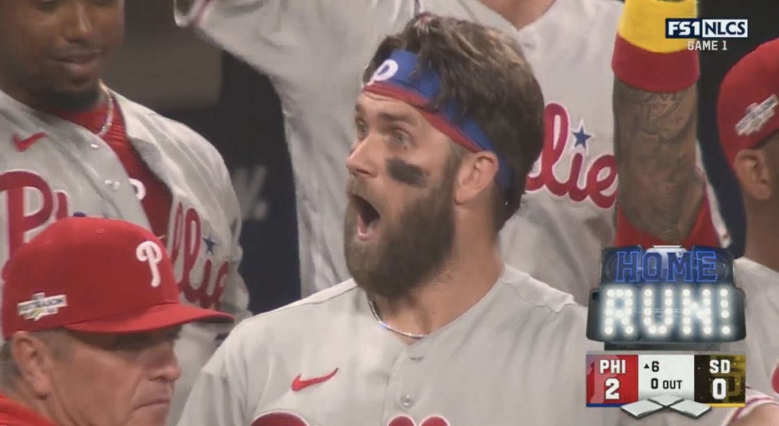 Bryce Harper reacts to Kyle Schwarber's incredible postseason home run.